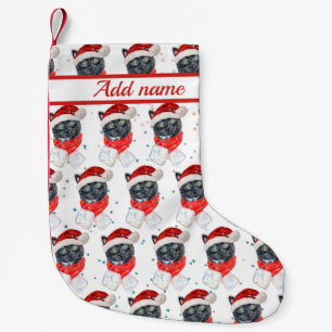 Black Cat Watercolor with Christmas Scarf Small Christmas Stocking