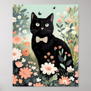 Black cat wearing a bow tie sitting poster