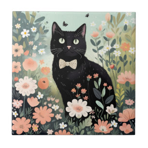 Black cat wearing a bow tie sitting tile