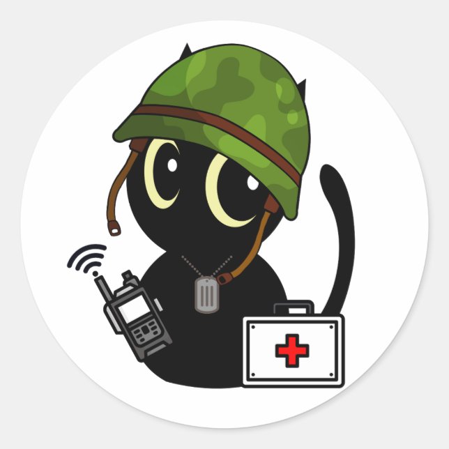 Black Cat Wearing army helmet Classic Round Sticker (Front)