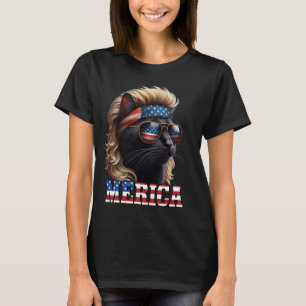 Black Cat Wearing Blonde Wig Mullet 4th Of July Fu T-Shirt