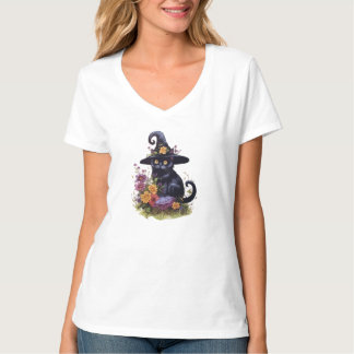 black cat wearing cowboy hat with flowers T-Shirt
