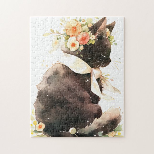 Black Cat Wearing Flower Crown Jigsaw Puzzle (Vertical)