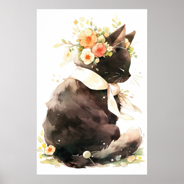 Black Cat Wearing Flower Crown Poster (Front)