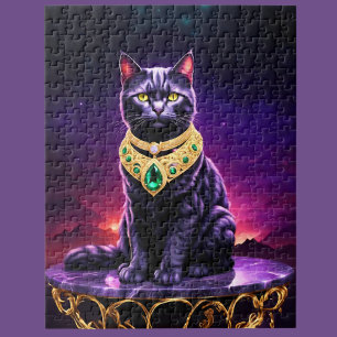 Black Cat Wearing Green Gem In Sunset Jigsaw Puzzle