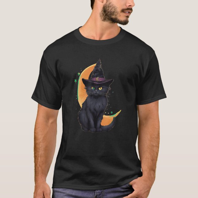 Black Cat Wearing Halloween Witch Hat Cat and Cres T-Shirt (Front)