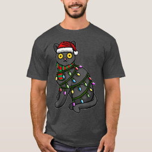 Black Cat Wearing Santa Hat With Christmas Light A T-Shirt