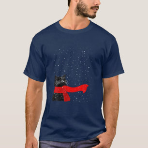 Black Cat Wearing Scarf Under Snow T-Shirt