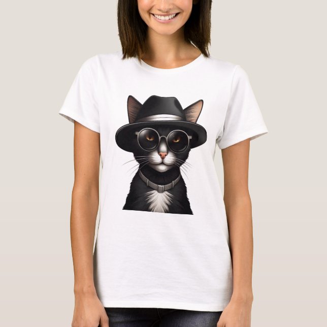 black cat wearing sunglasses and hat, funny cat T-Shirt (Front)