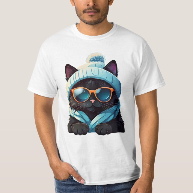 black cat wearing sunglasses and winter hat T-Shirt (Front)