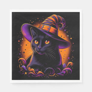 Black Cat Wearing Witch Hat Halloween Napkins