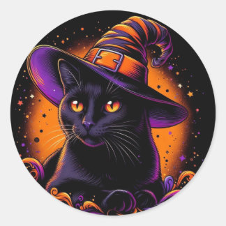 Black Cat Wearing Witch Hat Halloween Stickers