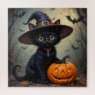 Black Cat Wearing Witch Hat Jigsaw Puzzle