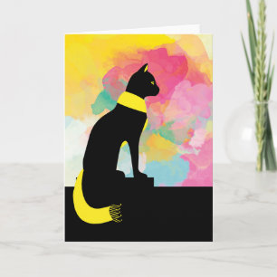Black Cat Wearing Yellow Scarf, Colourful Wall Card