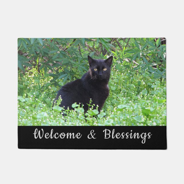 Black Cat Welcome and Blessings Doormat (Front)
