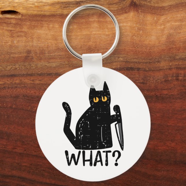 Black Cat What Knife Funny Murderous Halloween Pet Key Ring (Front)
