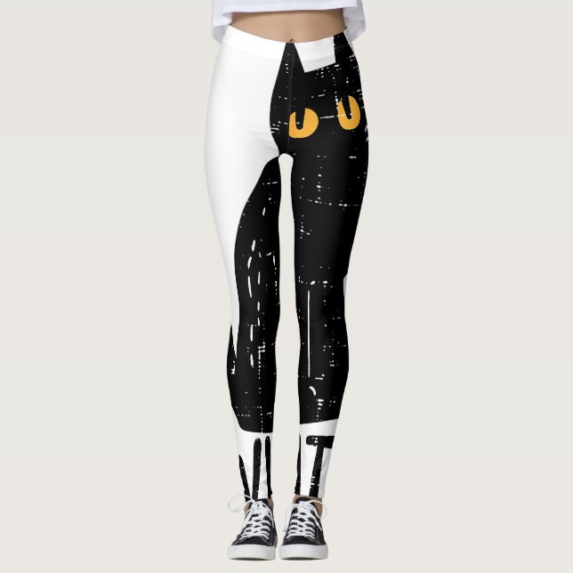 Black Cat What Knife Funny Murderous Halloween Pet Leggings (Front)
