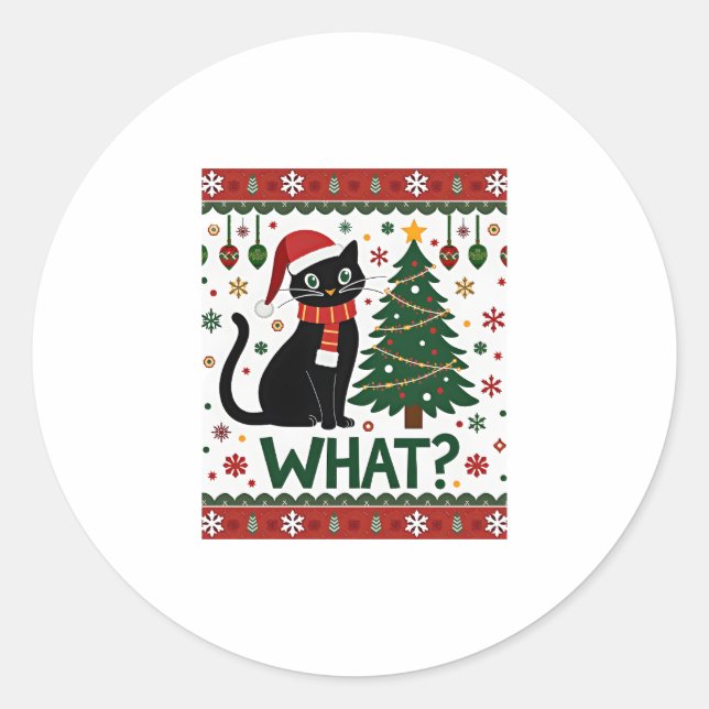 Black Cat What Pushing Christmas Tree Funny Cat Xm Classic Round Sticker (Front)