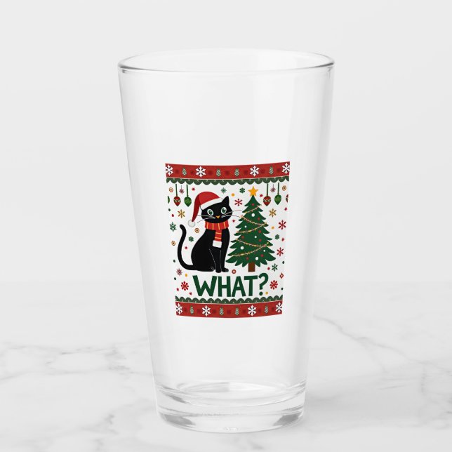 Black Cat What Pushing Christmas Tree Funny Cat Xm Glass (Front)