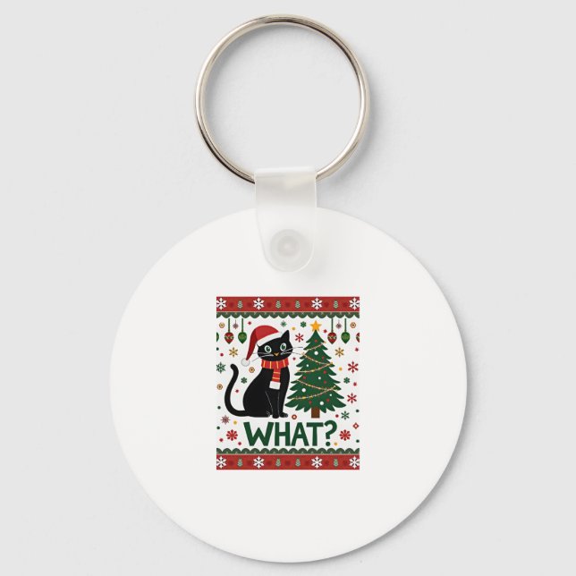 Black Cat What Pushing Christmas Tree Funny Cat Xm Key Ring (Front)
