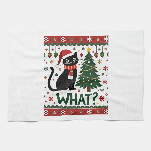 Black Cat What Pushing Christmas Tree Funny Cat Xm Tea Towel (Horizontal)