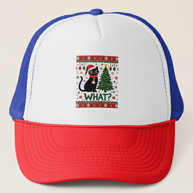 Black Cat What Pushing Christmas Tree Funny Cat Xm Trucker Hat (Front)