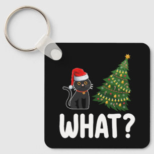 Black Cat What Pushing Christmas Tree Funny Key Ring