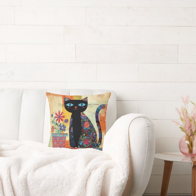 Black Cat Whimsical Artwork Cushion (Couch)