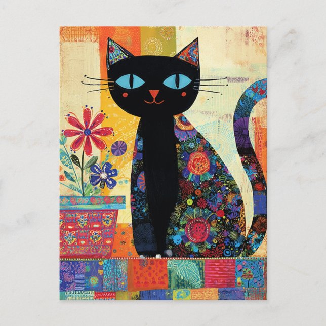 Black Cat Whimsical Artwork Postcard (Front)