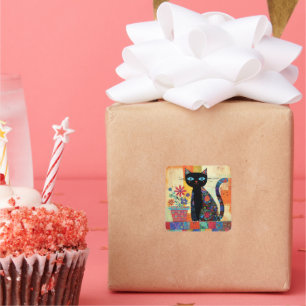 Black Cat Whimsical Artwork Square Sticker