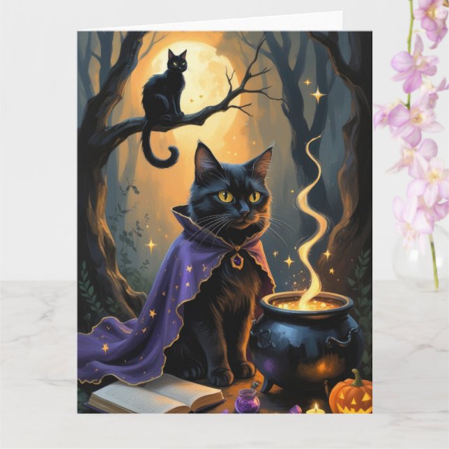 Black Cat Whimsical Halloween Painting Card (Orchid)