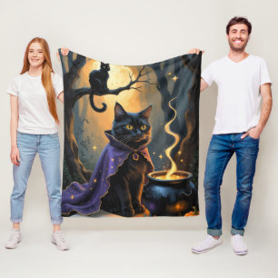 Black Cat Whimsical Halloween Painting Fleece Blanket
