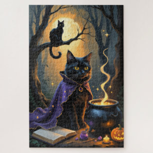 Black Cat Whimsical Halloween Painting Jigsaw Puzzle