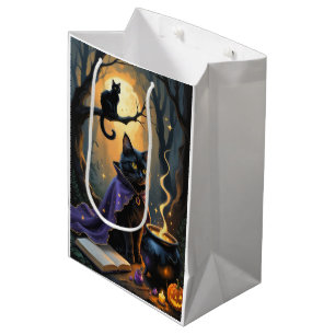 Black Cat Whimsical Halloween Painting Medium Gift Bag