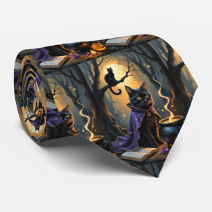 Black Cat Whimsical Halloween Painting Tie