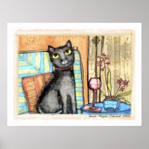 Black Cat, Wine & Flowers Fine Art Print