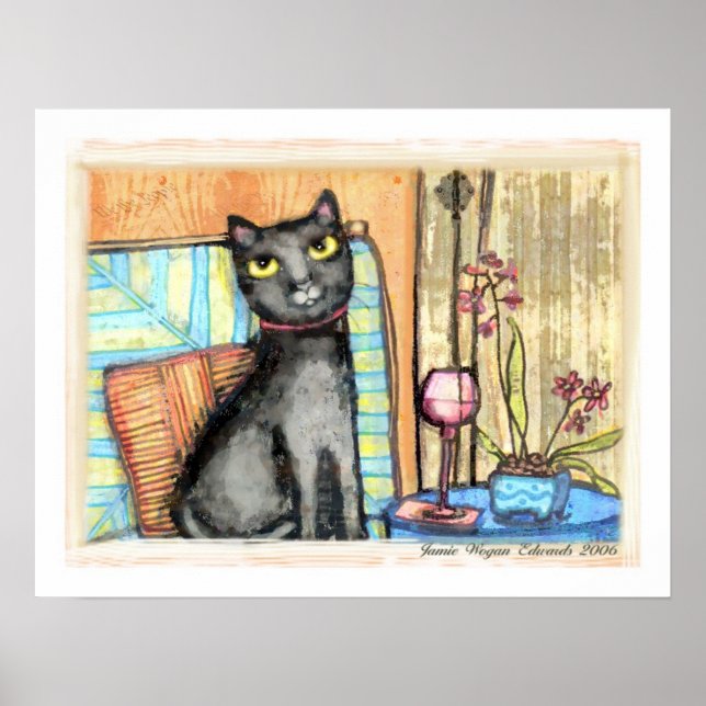 Black Cat, Wine & Flowers Fine Art Print (Front)