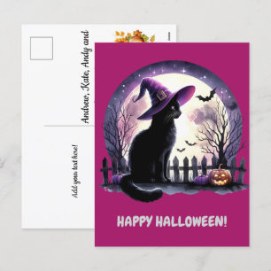 Black Cat Witch and Bats Happy Halloween Holiday Postcard