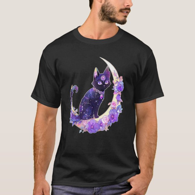 Black Cat Witch Crescent Moon Witchy Crystal Paste T-Shirt (Front)