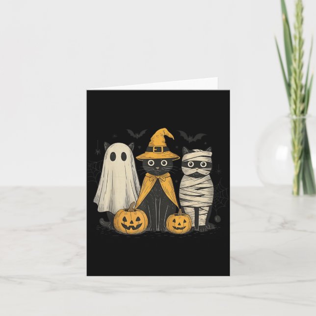 Black Cat Witch Ghost Y Halloween Pumpkin Men Kids Card (Front)