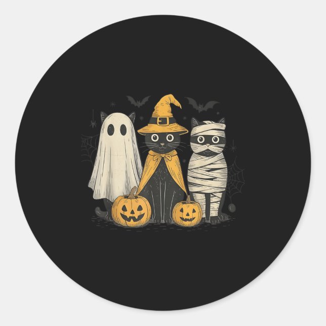 Black Cat Witch Ghost Y Halloween Pumpkin Men Kids Classic Round Sticker (Front)