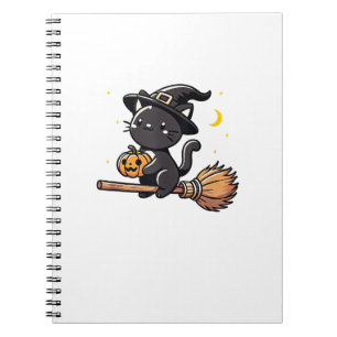 Black Cat Witch Halloween Costume Broom Stick Boys Notebook