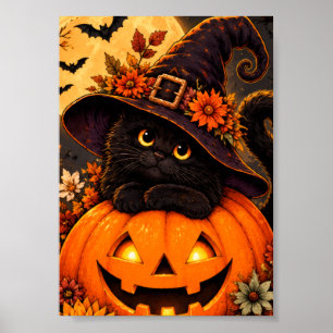 Black Cat Witch Halloween Pumpkin Fall Autumn Cute Poster