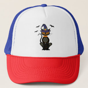 Black Cat Witch Halloween Tshirt Trucker Hat