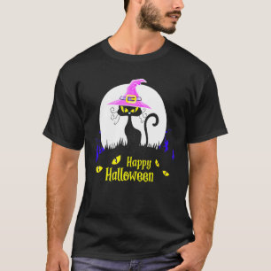 Black Cat Witch Happy Halloween Moon T-Shirt