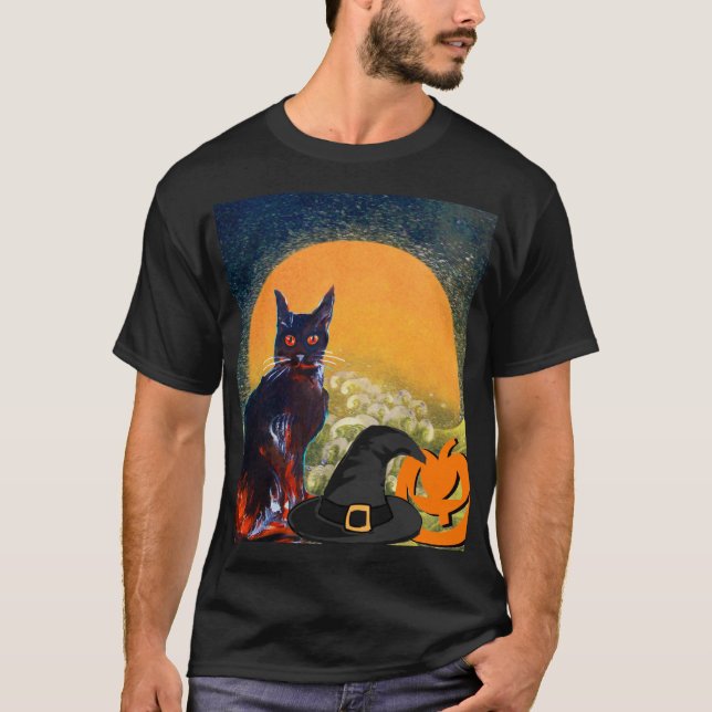 BLACK CAT,WITCH HAT AND PUMPKINS  HALLOWEEN PARTY T-Shirt (Front)