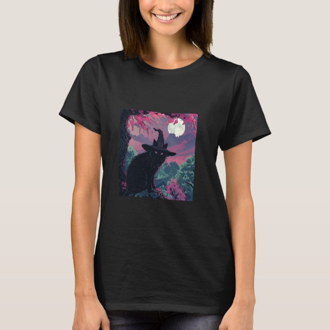 Black Cat Witch Hat Cherry Blossoms T-Shirt (Front)