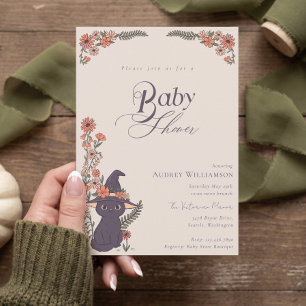 Black Cat Witch Hat Floral Halloween Baby Shower Invitation