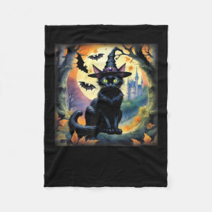 Black Cat Witch Hat Halloween Full Moon Bats Colou Fleece Blanket
