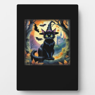 Black Cat Witch Hat Halloween Full Moon Bats Colou Plaque